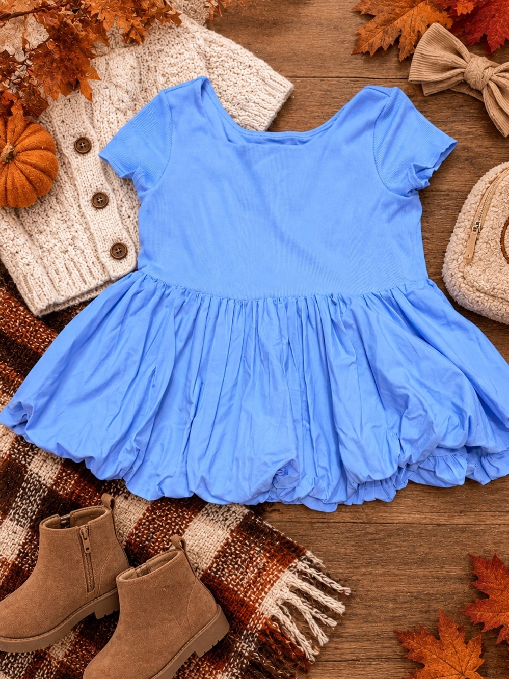 Owillo Girls Large Blue Bubble Hem Peplum Top Short Sleeve Shirt